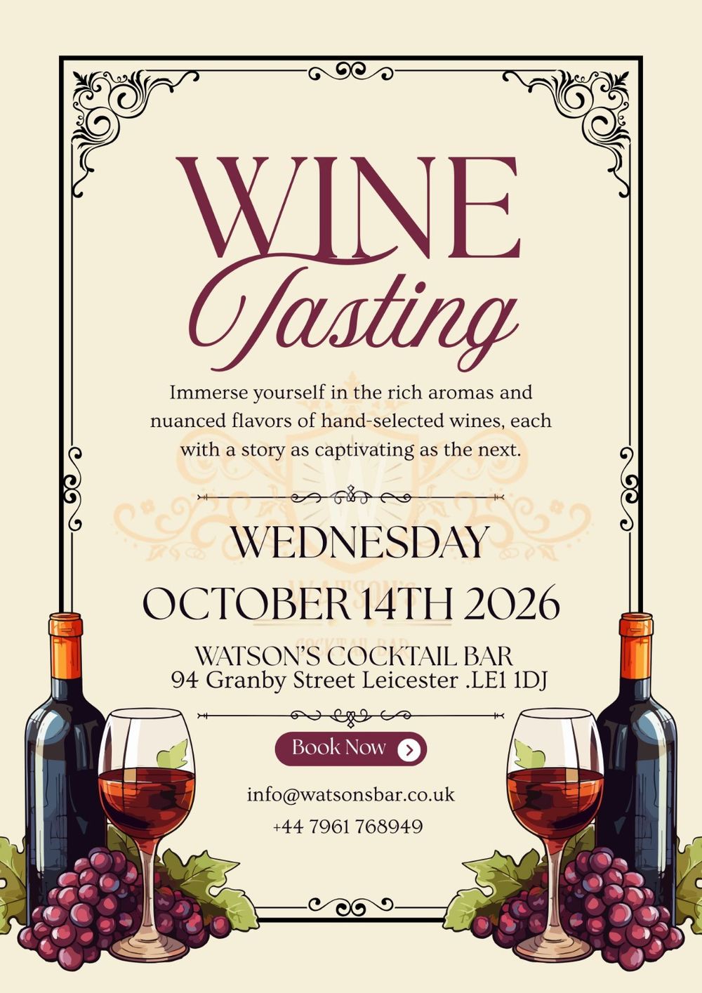 Watson's Bar wine tasting event, 14 October 2026